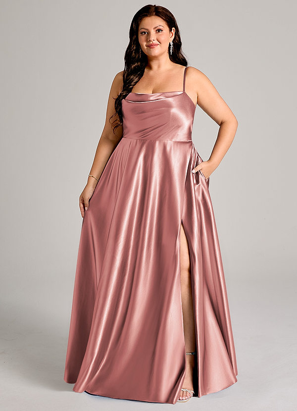 Azazie Elle Bridesmaid Dresses Dusty Rose A-Line with Pockets Metallic Satin Dress image1