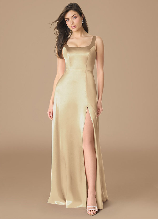 Azazie Joyce 신부 들러리 드레스 A라인 사이드 슬릿 메탈릭 새틴 바닥 길이 드레스 image1