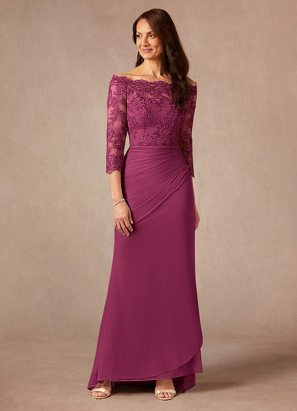 Azazie Rhonda Mother of the Brides Dresses Mulberry Mermaid Off the Shoulder Mesh Dress image1