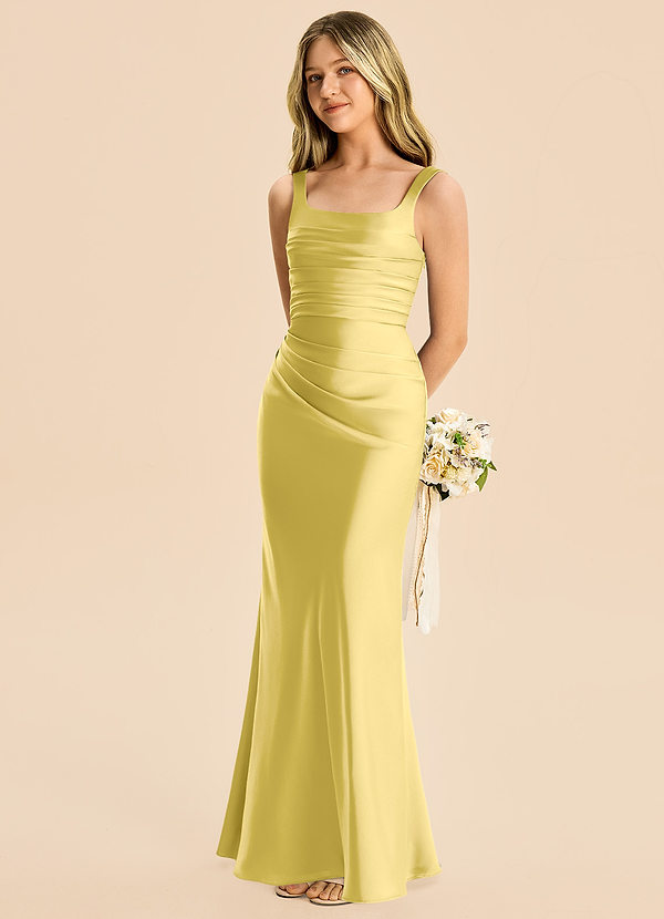 Azazie Agustina Junior Canary Sheath Pleated Stretch Satin Dress image1