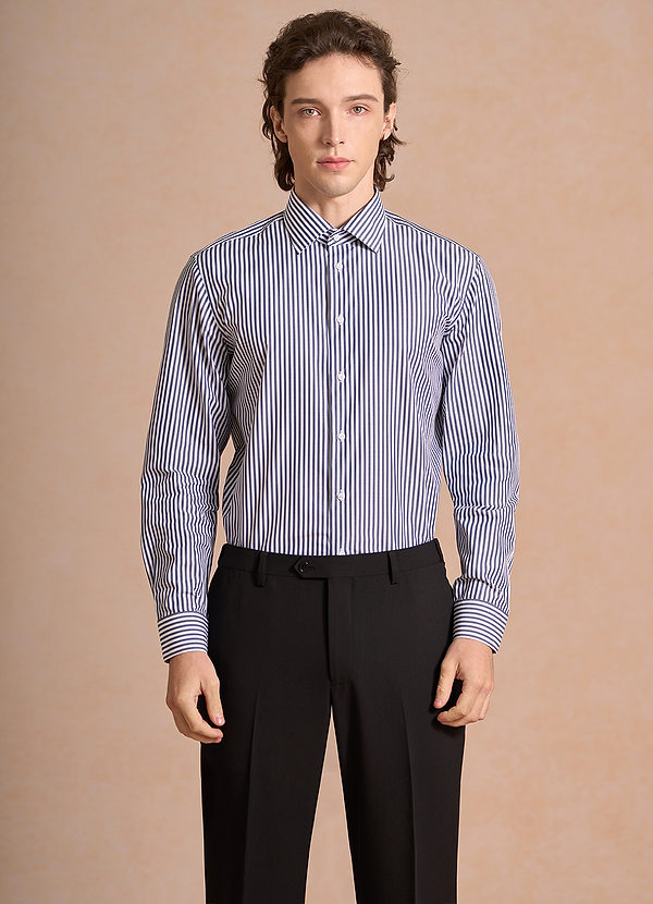 front Aiden White Navy Blue 100% Cotton Non-Iron Striped Dress Shirt