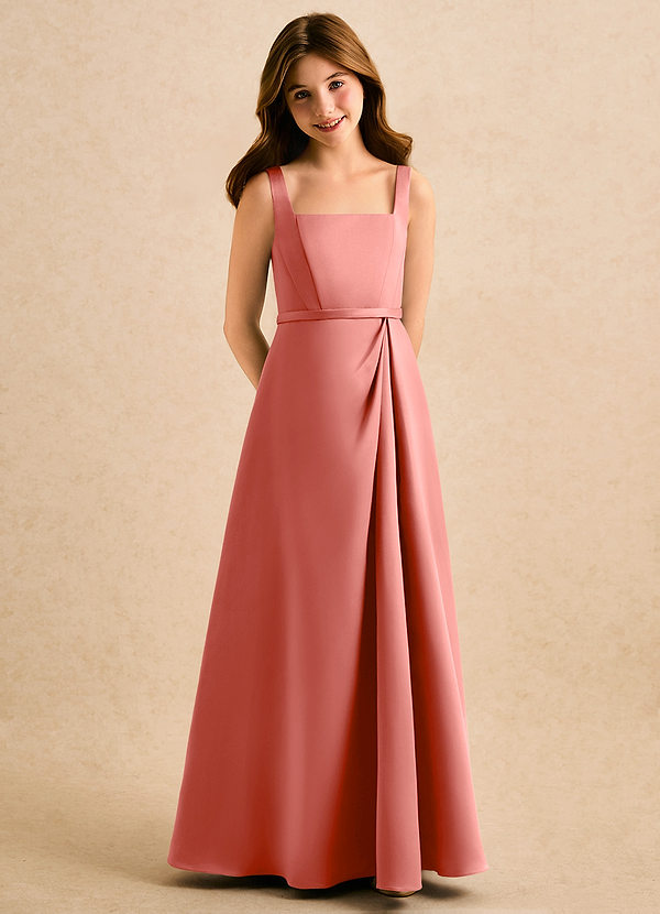 Azazie Emiko Girls Formal Abiti da Damigella Bambina Abito A-Line in Raso Opaco Plissettato Salmone Rosa image1