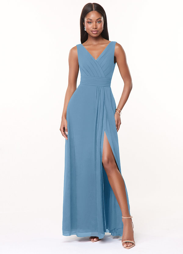 Azazie Karina Bridesmaid Dresses Steel Blue A-Line Pleated Chiffon Dress image1