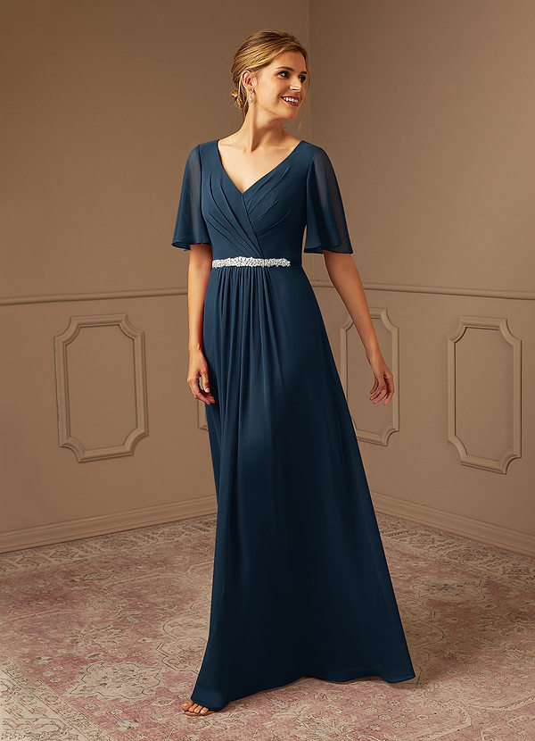 Azazie Tricia Abiti Mamma della Sposa Abito A-Line in Chiffon con Scollo a V a Pieghe Marino Scuro image1