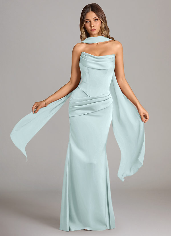 Azazie Sorrel Bridesmaid Dresses Vestir Vidro Marinho de Cetim elástico de sereia com Sem alças image1