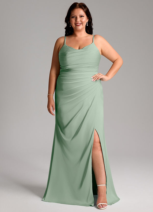 Azazie Deandra Bridesmaid Dresses Agave Mermaid Pleated Stretch Satin Dress image1