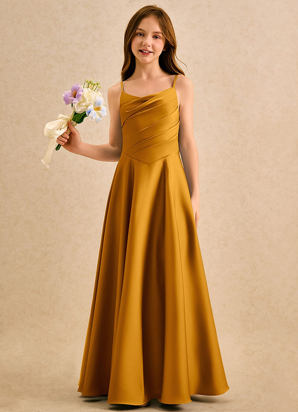 Azazie Coconut Girls Formal Flower Girl Dresses Butterscotch A-Line Pleated Stretch Satin Dress image1