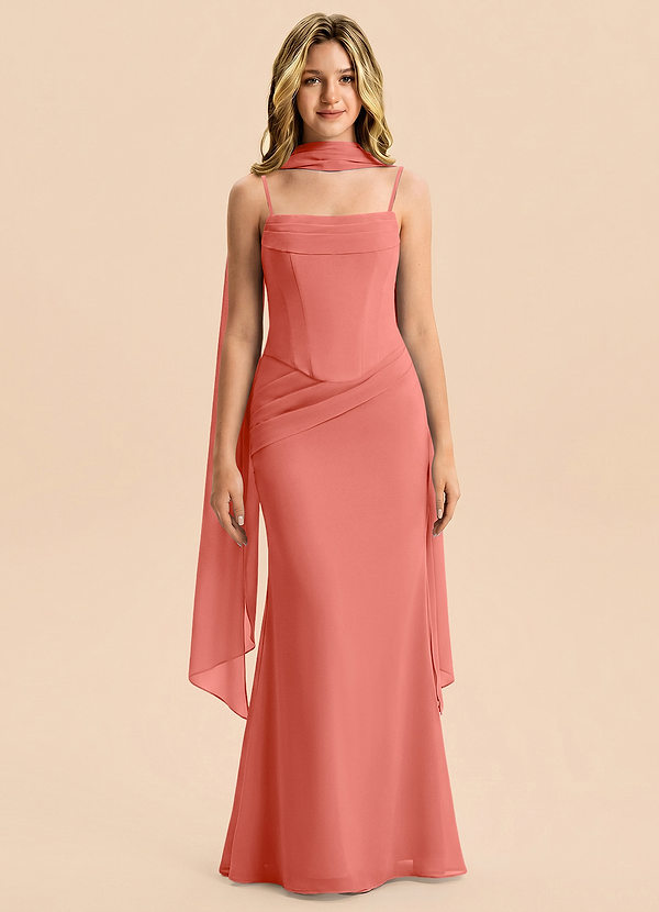 Azazie Sorrel Junior Meerjungfrau-Linie Plissee Chiffon Kleid Lachsrosa image1