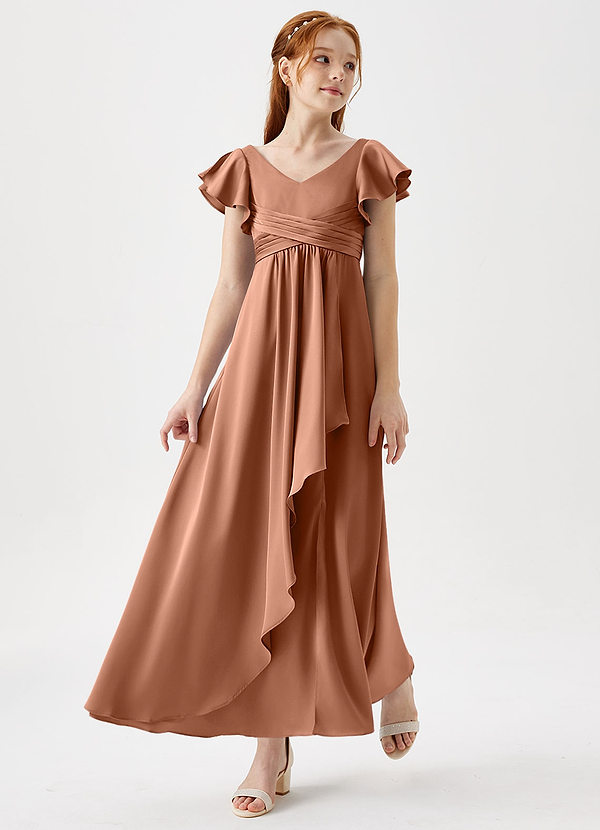 Azazie Omari Junior Bronzer A-Line Pleated Stretch Satin Dress image1