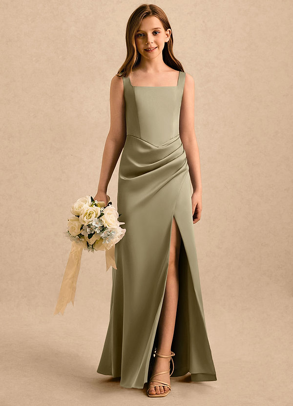 Azazie Noah Girls Formal Sukienki dla dziewczynek sypiących kwiaty Osłona Pofałdowany Satyna elastyczna Długość podłogi Sukienka image1