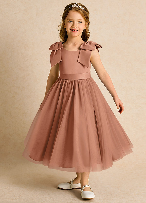 Azazie Serene Abiti da Ragazza di Fiori Abito Principessa in Raso Opaco Fiocco Bronzo image1