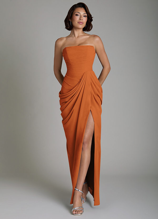 Azazie Nyra Robes de demoiselle d'honneur Robe Fourreau en Mousseline de soie Corset Cannelle image1