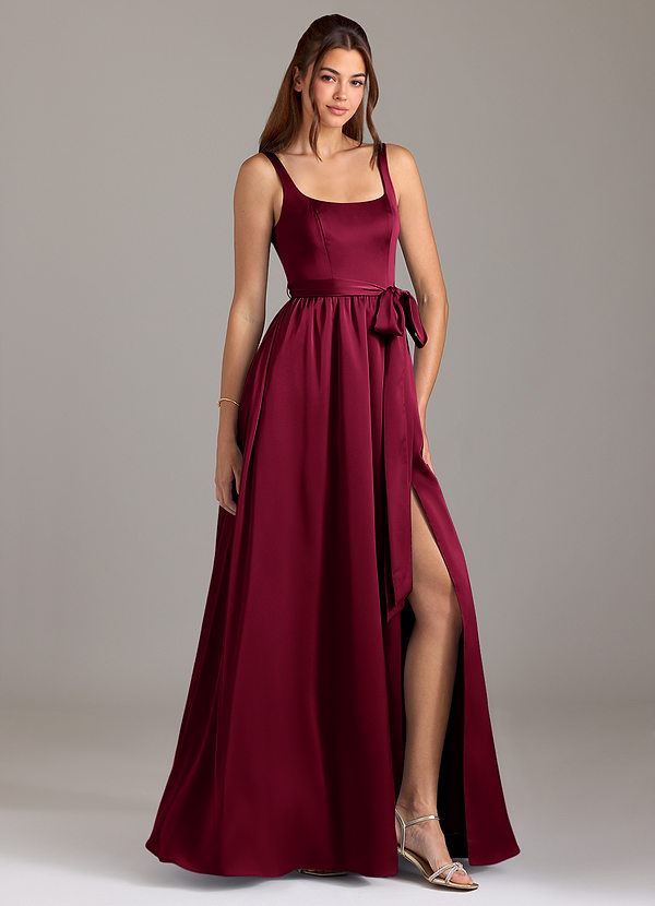 Azazie Elliott Bridesmaid Dresses Burgundy A-Line with Pockets Stretch Satin Dress image1