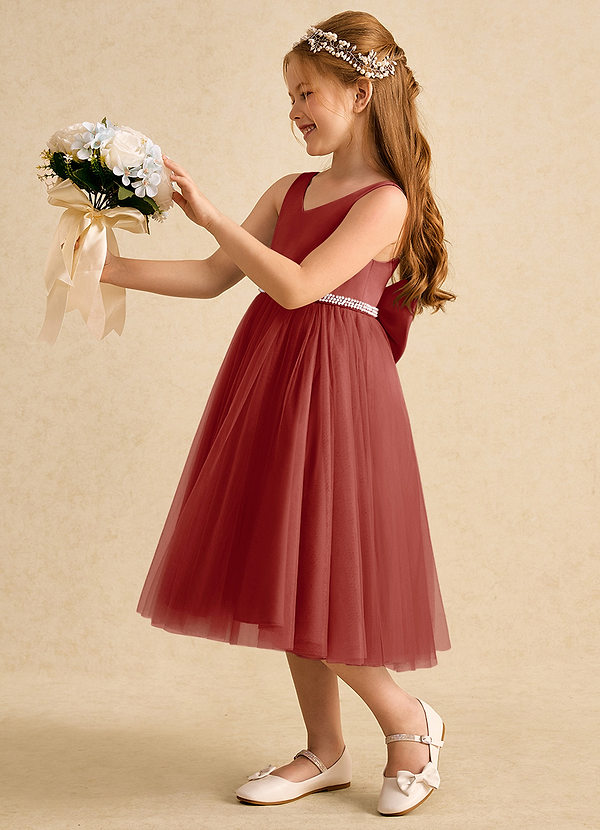 Azazie Firefly Vestidos de Niña de Flores Vestido de Terracota de Satin Mate de Corte En A con Lazo image1