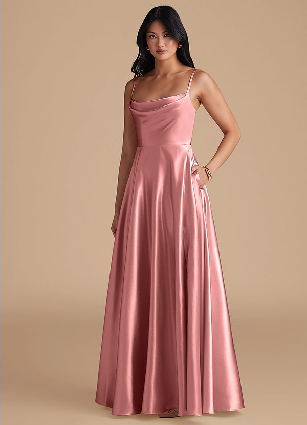 Azazie Elle Bridesmaid Dresses Rosette A-Line with Pockets Metallic Satin Dress image1