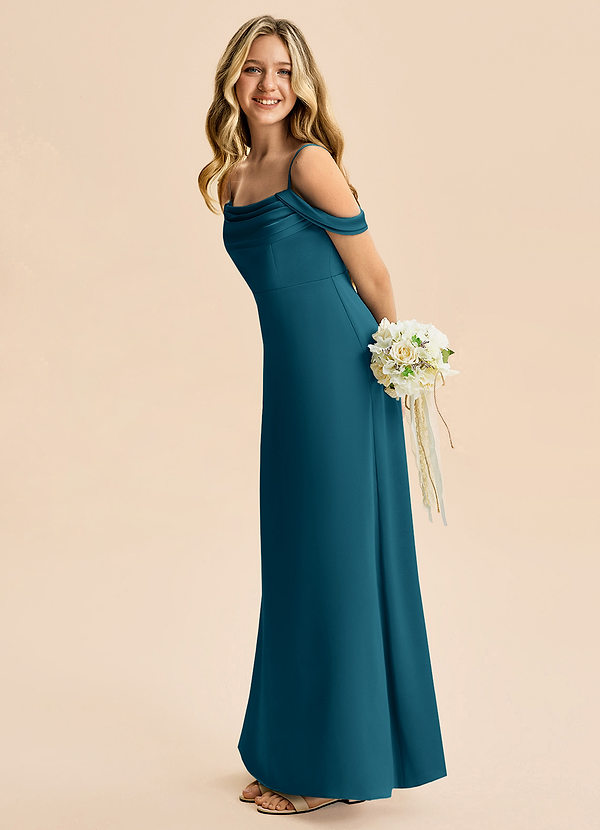 Azazie Lettie Junior Jurk van Stretch Satijn met A-Lijn Off-shoulder Inkt Blauw image1