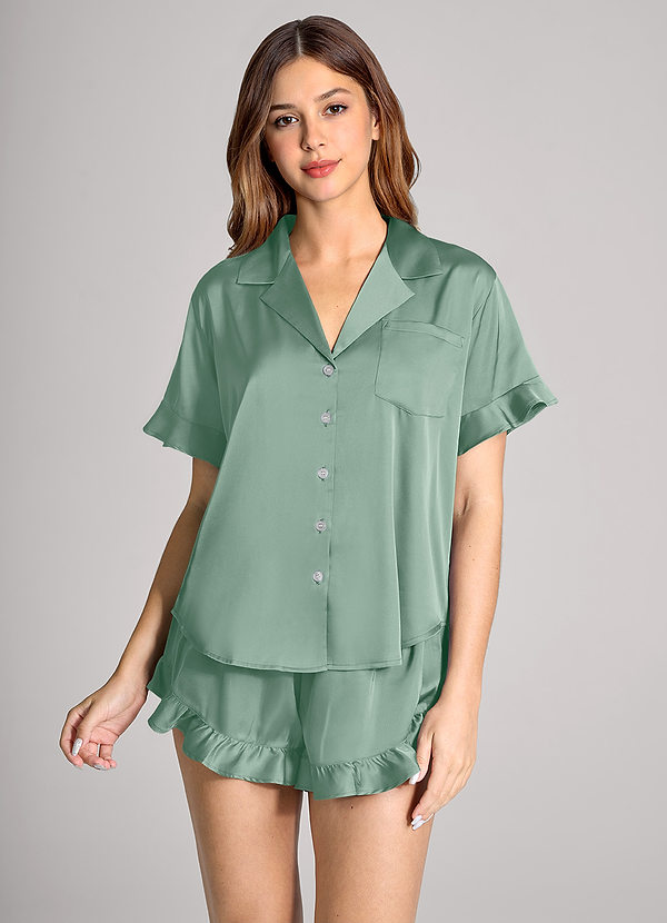 front Matching Color Ruffled Short Sleeve Pajama Set