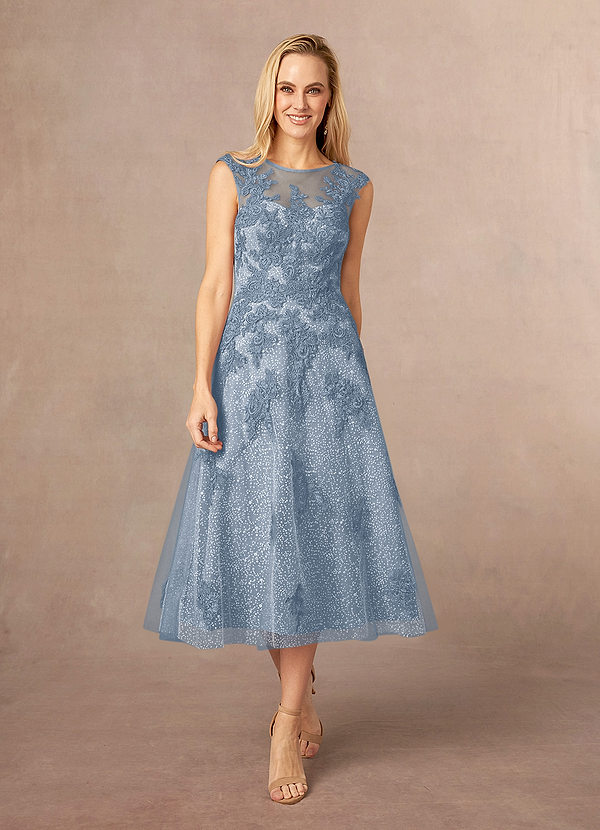 Azazie Flynn Mother of the Brides Dresses Dusty Blue A-Line Boatneck Lace Tulle Dress image1