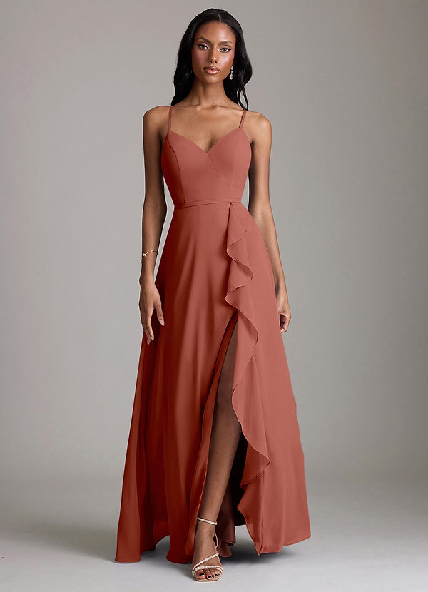 Azazie Naeem Bridesmaid Dresses Auburn A-Line V-Neck Ruffle Chiffon Dress image1