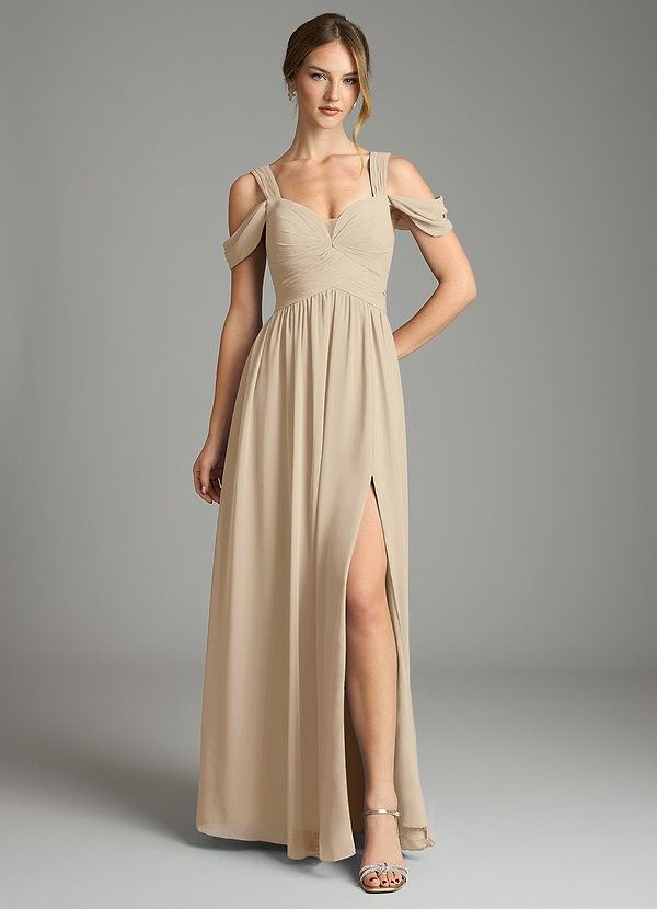 Azazie Lianne Bridesmaid Dresses Champagne A-Line Off the Shoulder Chiffon Dress image1
