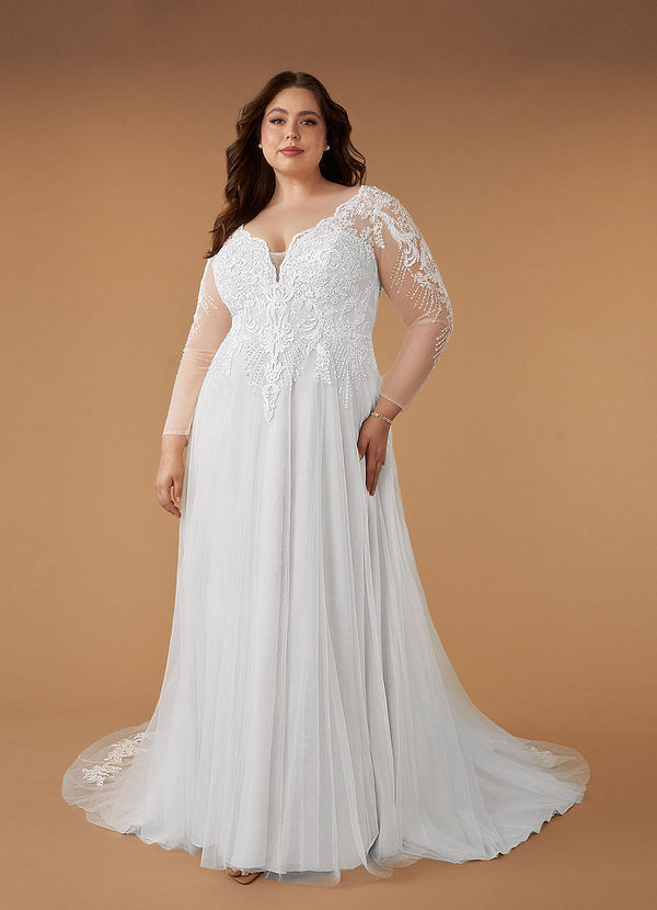 Azazie Essy Wedding Dresses Diamond White A-Line V-Neck Sequins Tulle Dress image1