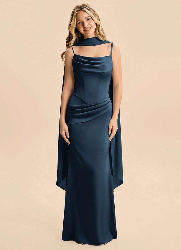 Sorrel Junior Dark Navy Mermaid Ruched Stretch Satin Dress image1