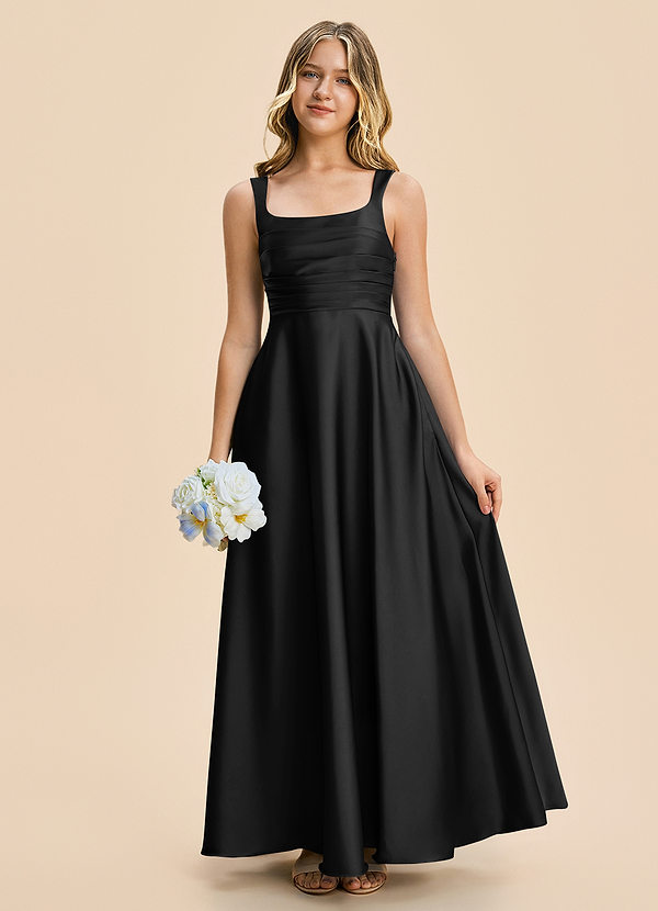 Azaria Junior Black A-Line Pleated Stretch Satin Dress image1
