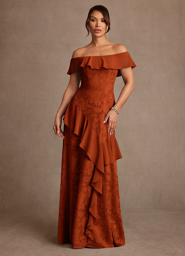 Azazie Marina Mother of the Brides Dresses Paprika A-Line Off the Shoulder Floral Burnout Dress image1