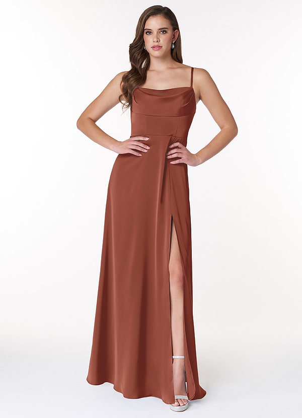 Azazie Clove Bridesmaid Dresses A-Line Cowl Neckline Side Slit Stretch Satin Floor-Length Dress image1
