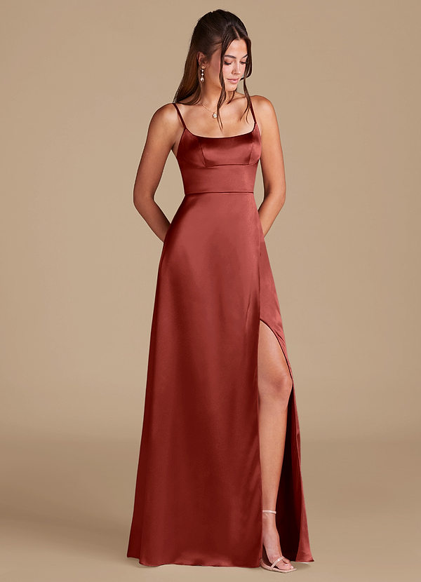Azazie Halsey Bridesmaid Dresses Robe Trapèze en Satiné métallisé Fente Latérale Terracotta image1