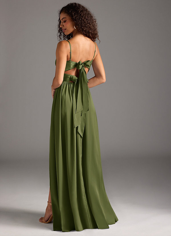 Azazie Zeya Bridesmaid Dresses Olive A-Line Pleated Stretch Satin Dress image1