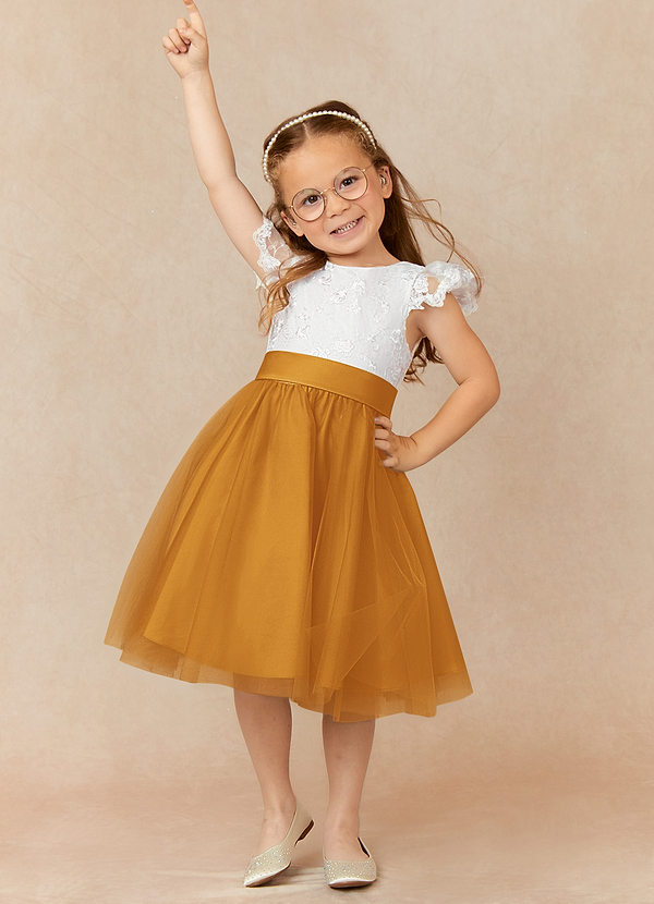Azazie Vetty Flower Girl Dresses Ivory Butterscotch A-Line Lace Tulle Dress image1