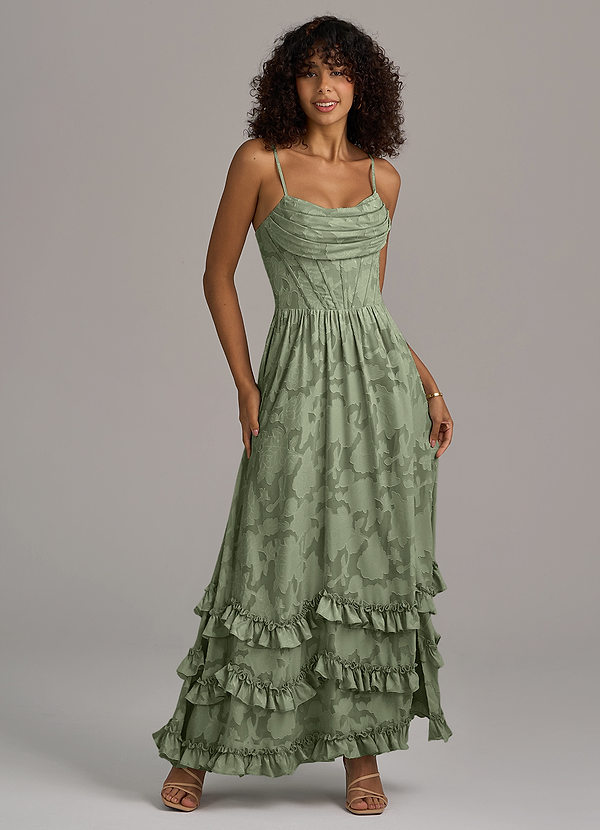 Azazie Lettie Brautjungfernkleider A-Linie Korsett Blumen-Burnout Kleid Pistazie image1