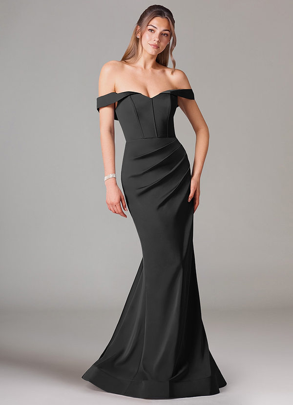Azazie Everly Bridesmaid Dresses Black Mermaid Off the Shoulder Stretch Satin Convertible Dress image1