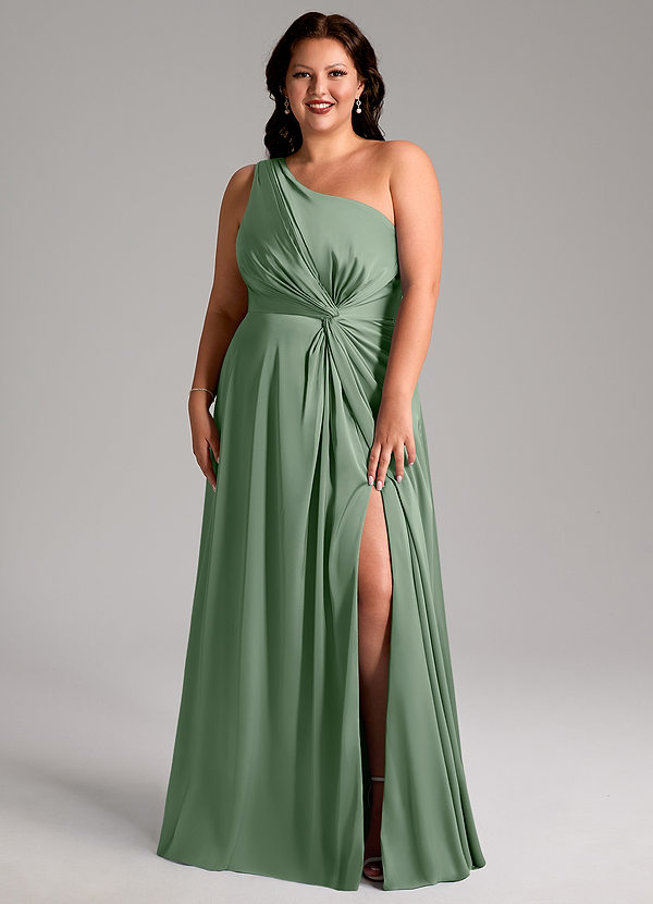 Azazie Brooke Brautjungfernkleider A-Linie One-Shoulder Stretch-Satin Kleid Matcha image1
