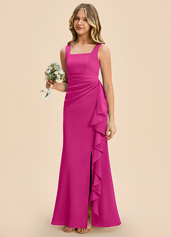 Azazie Adrienne Junior Fuchsia Sheath Pleated Stretch Satin Dress image1