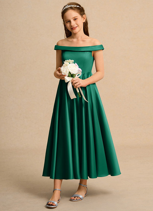 Azazie Teeny Junior Formal Bloemenmeisjes Jurken A-Lijn Jurk van Mat Satijn Geplooid Smaragd image1