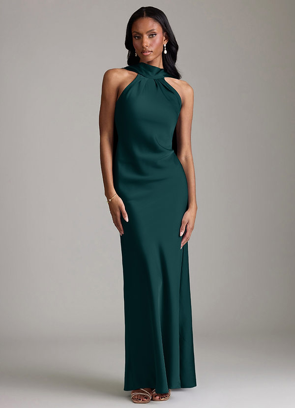 Azazie Cassiana Bruidsmeisjes Jurken Jurk van Stretch Satijn met Zeemeermin Geplooid Pijnboom image1