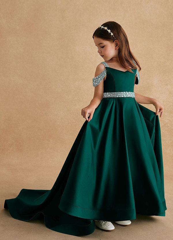 Azazie Jodi Robes de Fillette d'Honneur Robe Trapèze en Mat Satiné Vert Pin image1