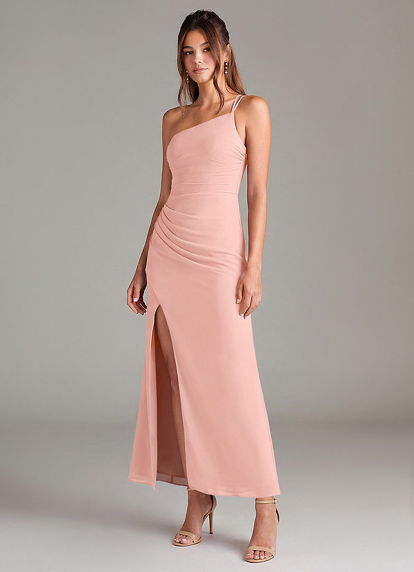 Azazie Eren 신부 들러리 드레스 인어 한쪽 어깨 쉬폰 발목 길이 드레스 image1