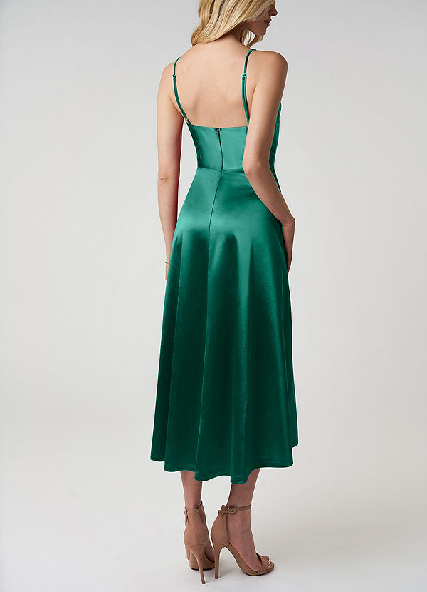 back Dark Emerald V-Neck Satin A-Line Midi Dress