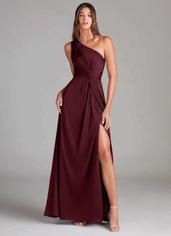 Azazie Brooke Vestidos Dama de Honor Vestido de Cabernet de Satén Elástico de Corte en A con Hombro unilateral image1
