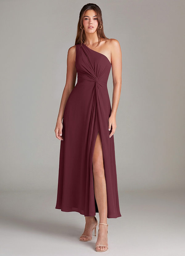 Azazie Brooke Robes de demoiselle d'honneur Robe Trapèze en Mousseline de soie Une épaule Cabernet image1