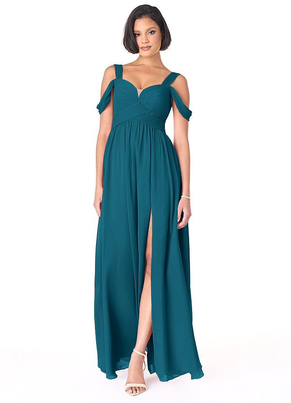 Azazie Lianne Bridesmaid Dresses Ink Blue A-Line Off the Shoulder Chiffon Dress image1