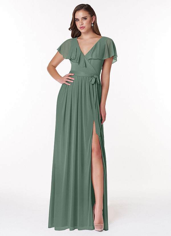 Azazie Jael Bridesmaid Dresses Eucalyptus A-Line V-Neck Mesh Dress image1