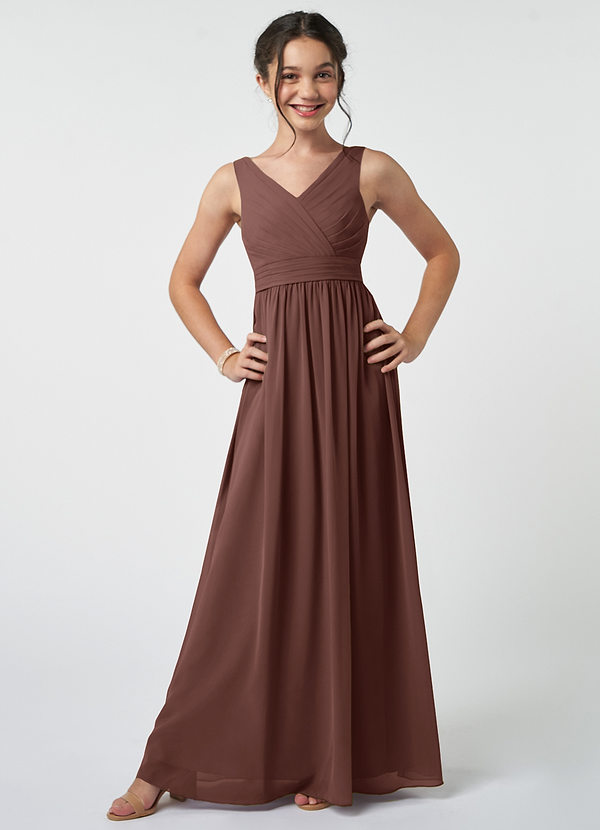 Azazie Kora Junior Espresso A-Line Pleated Chiffon Dress image1
