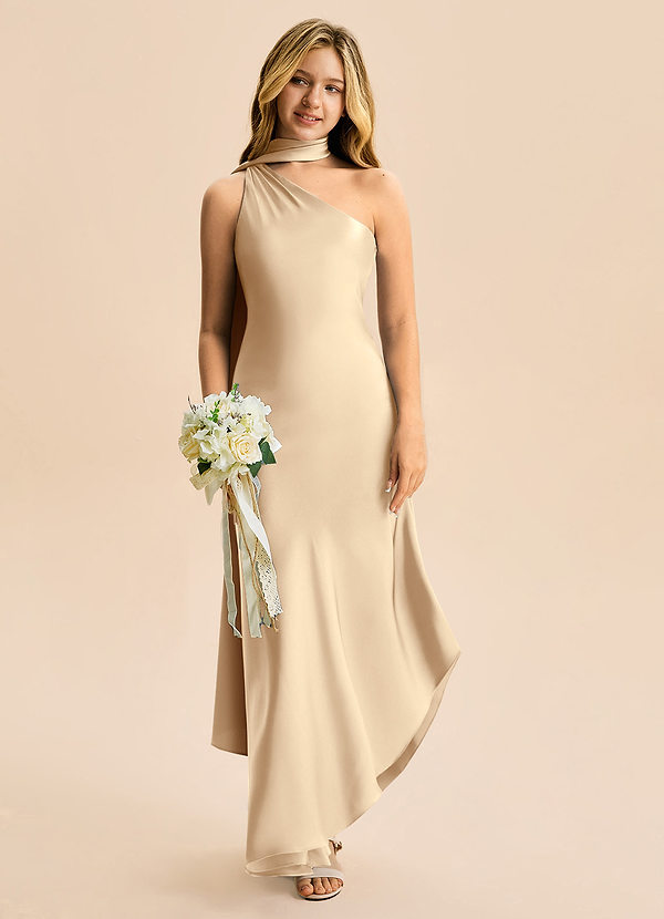 Azazie Briony Junior Vestido Champanhe de Cetim elástico de Bainha com Plissado image1