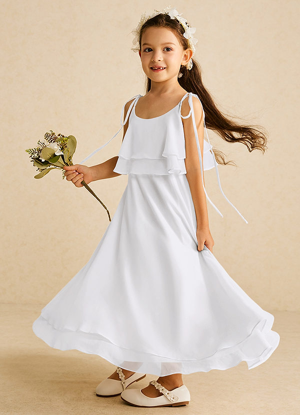 Azazie Temi Flower Girl Dresses White A-Line Spaghetti Strap Chiffon Dress image1