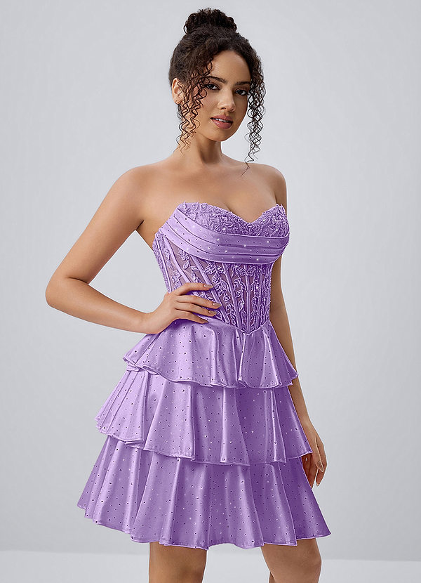 Maude Purper Strapless mini-jurk van satijn met bloemenkant en korset, gelaagd model image1