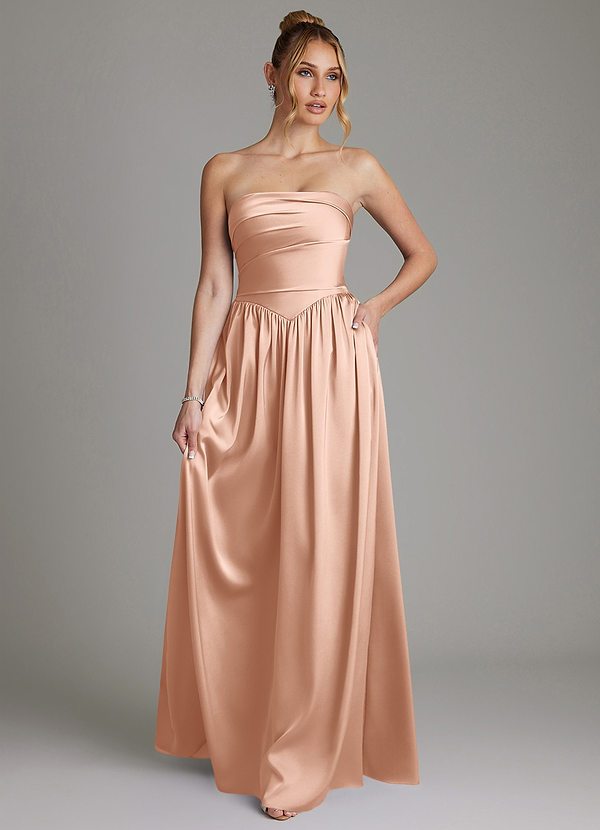 Azazie Zena Bridesmaid Dresses Rose Gold A-Line Strapless Stretch Satin Dress image1